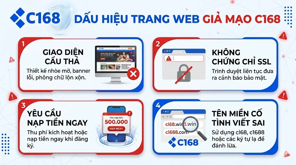 Hướng dẫn tìm link vào nổ hũ C168 không bị chặn an toàn nhất 2 Dấu hiệu nhận biết trang web giả mạo mác C168