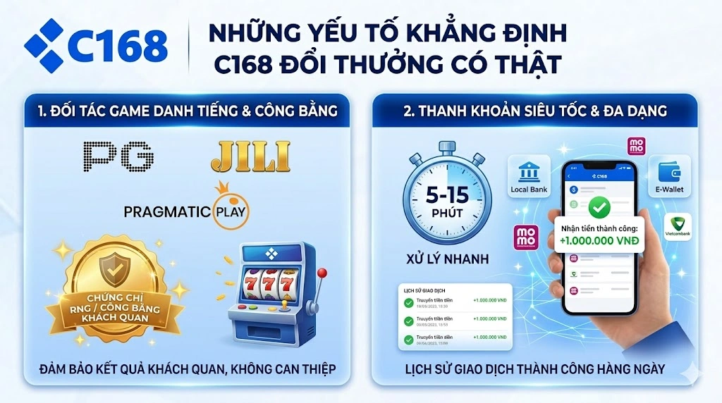 C168 nổ hũ đổi thưởng có thật không? Phân tích tính chân thực của nhà cái 2 Những yếu tố khẳng định nổ hũ C168 đổi thưởng có thật